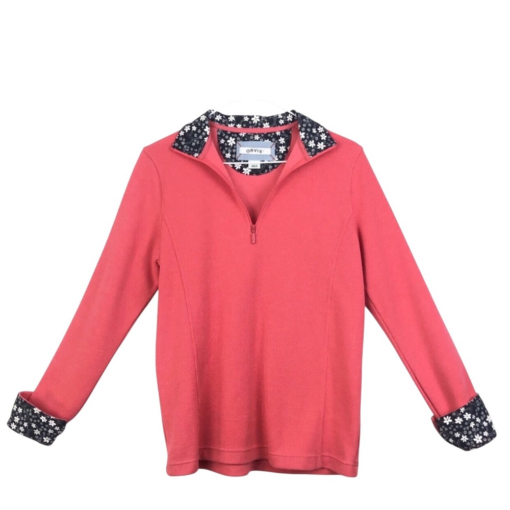 Orvis Women’s Salmon Pink 1/4 Zip Knit Pullover Navy Floral Cotton Cuffs Size S